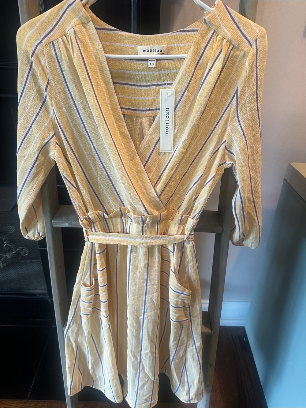Monteau Yellow and Blue Striped Midi Wrap Dress